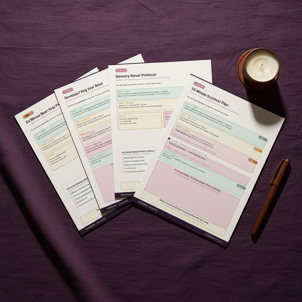Flat lay of all Thriving MoMs 4PM Survival Kit printed pages on dark purple linen with pen and candle