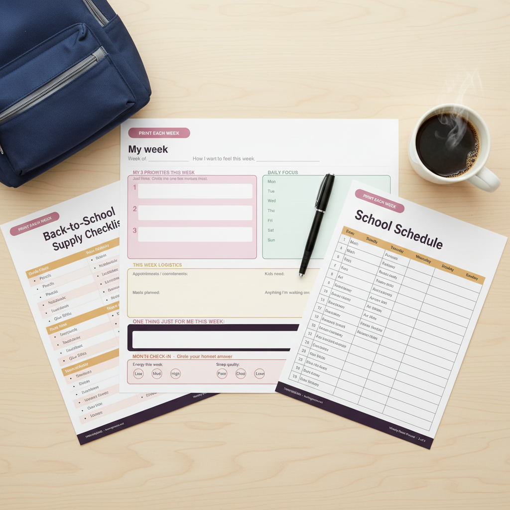 Flat lay of back-to-school command center printed sheets, supply checklist, and school schedule with pen and coffee mug