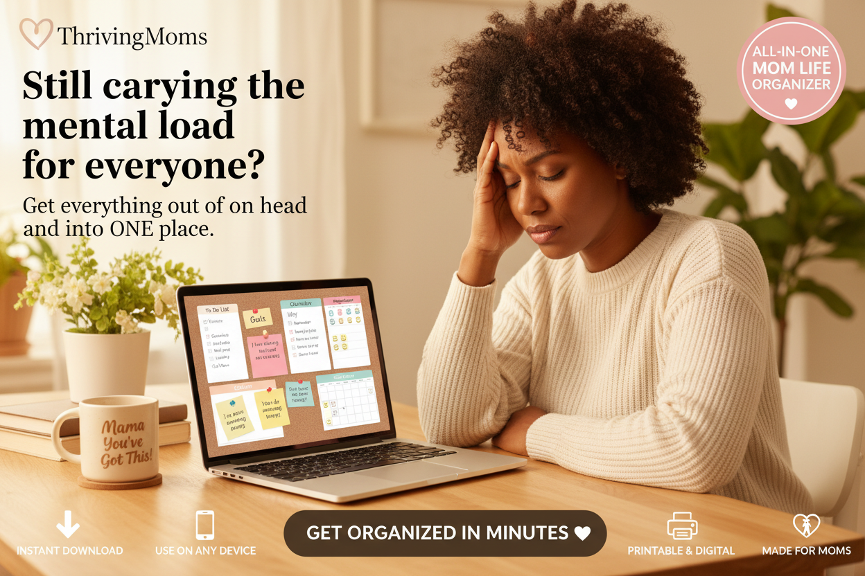 Mom at desk with laptop showing cork board daily planner, Mama You've Got This mug