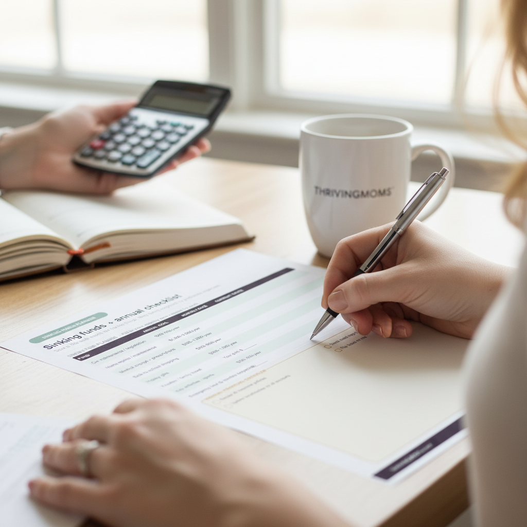 Close-up of mom's hand writing in sinking funds planner and annual financial checklist with calculator and coffee in background