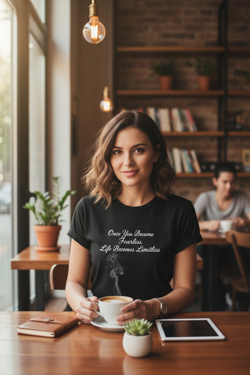 Fearless Limitless black t-shirt lifestyle cozy cafe