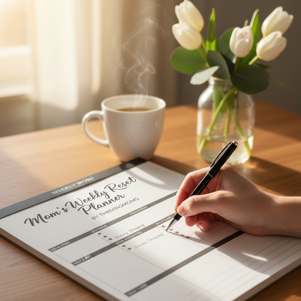 Close-up of mom's hand writing in weekly reset planner with coffee mug and flowers softly blurred in background