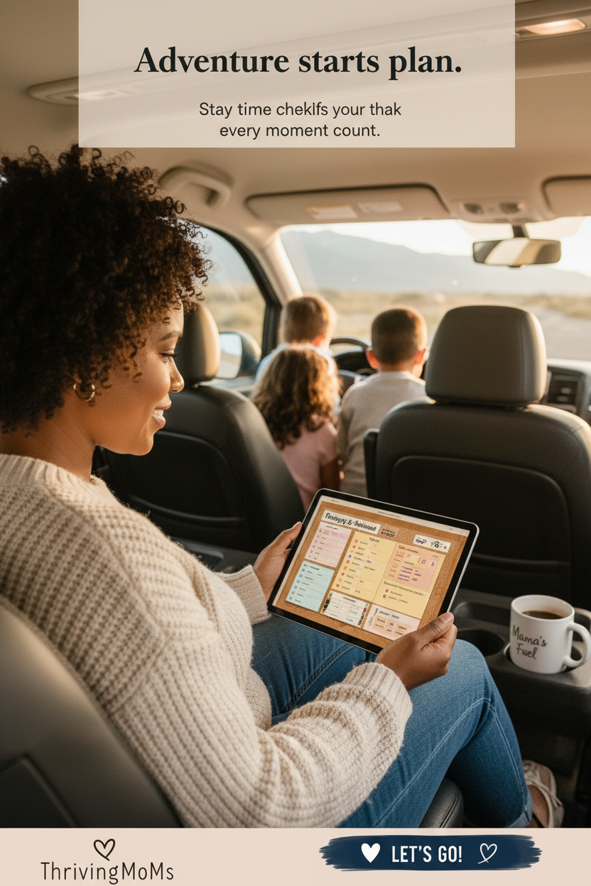 Mom in car with tablet showing ThrivingMoms travel planner itinerary