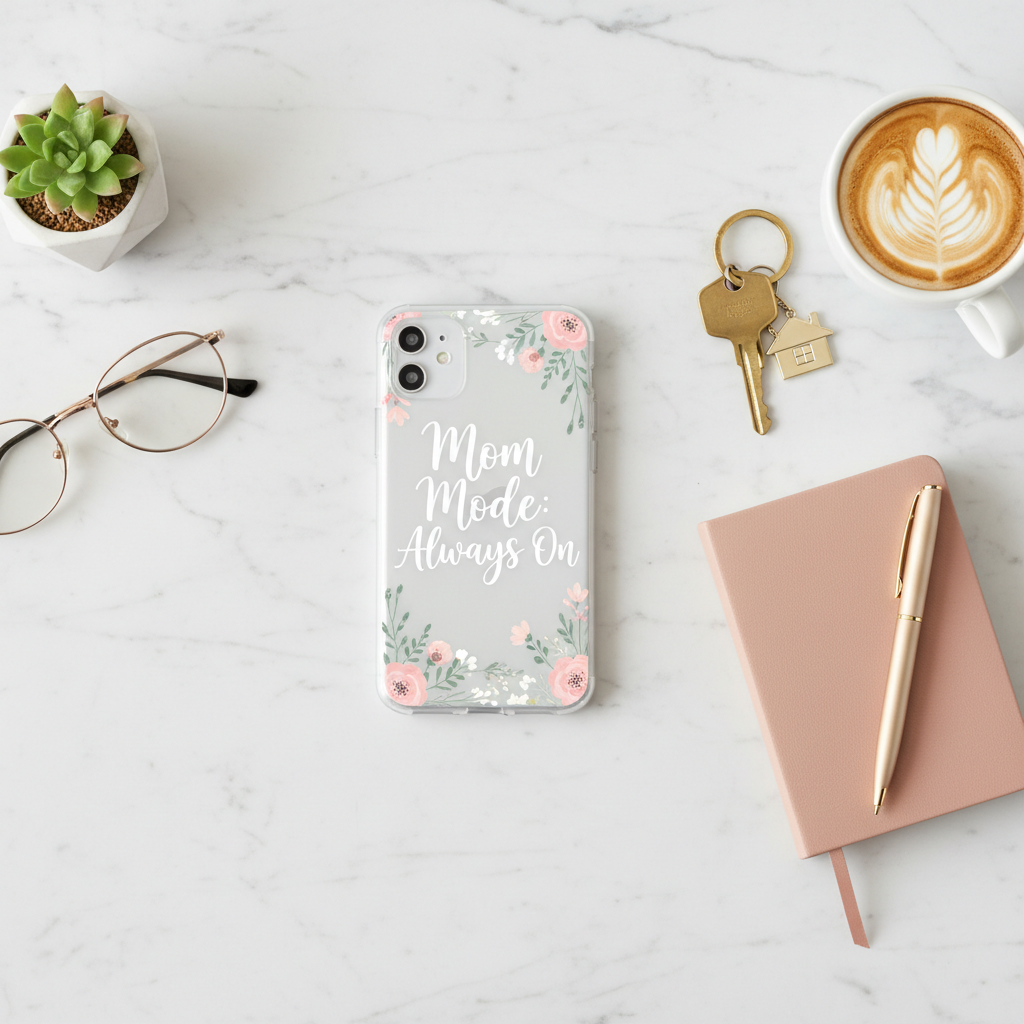 Mom Mode Always On phone case flat lay on marble surface with coffee cup keys and planner