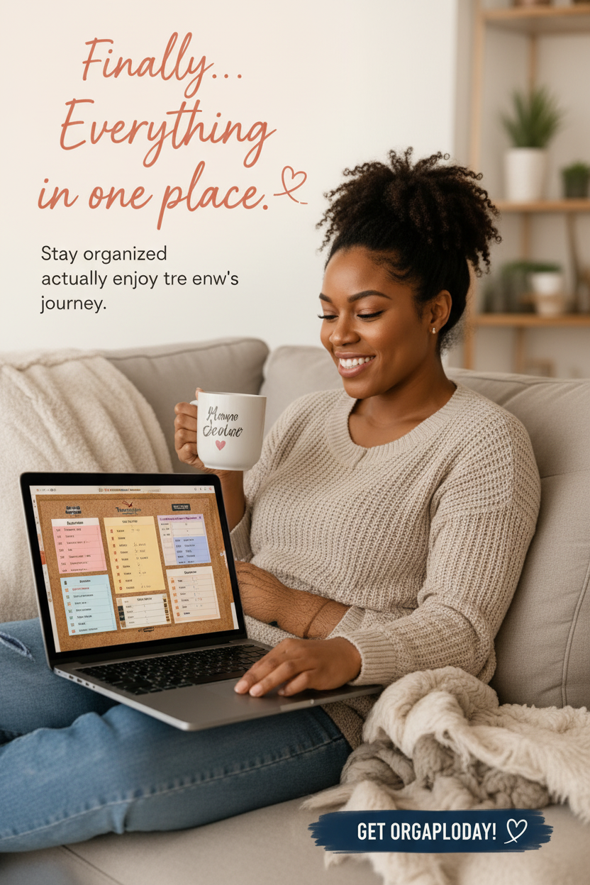 Mom on couch with coffee and laptop showing ThrivingMoms travel planner