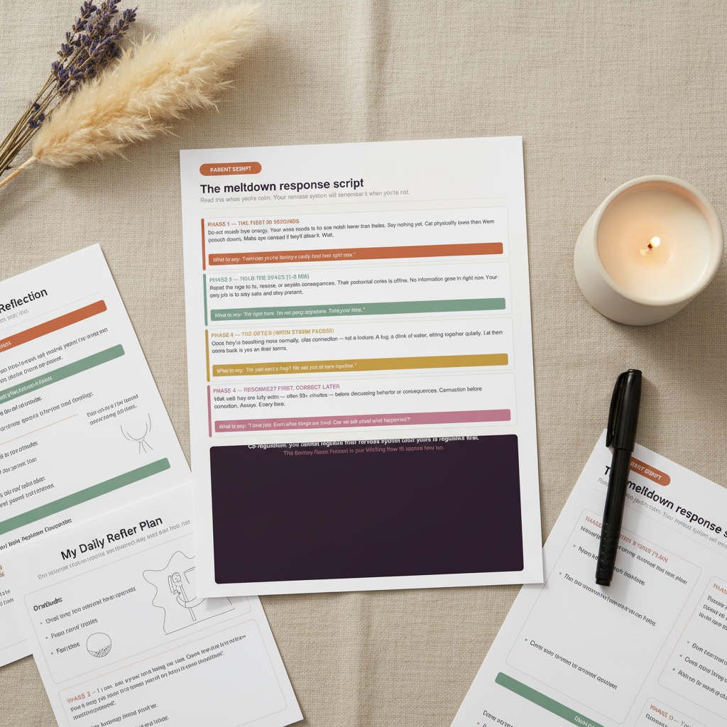 Flat lay of emotional regulation worksheets and reflection pages with candle, pen, and dried flowers on linen