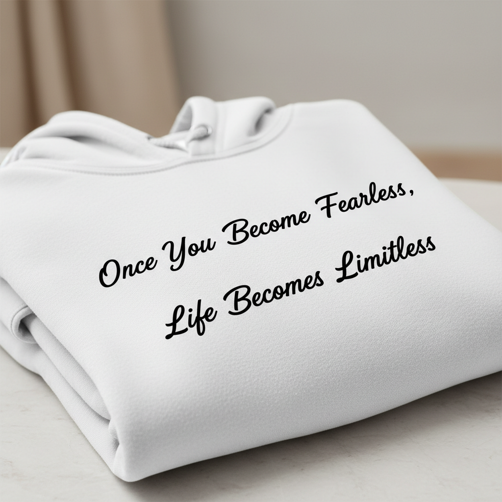 Fearless Limitless hoodie chest print close-up detail