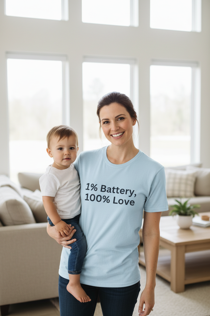 1% Battery 100% Love T-Shirt in Light Blue — for the mom running on empty but giving everything — ThrivingMoms