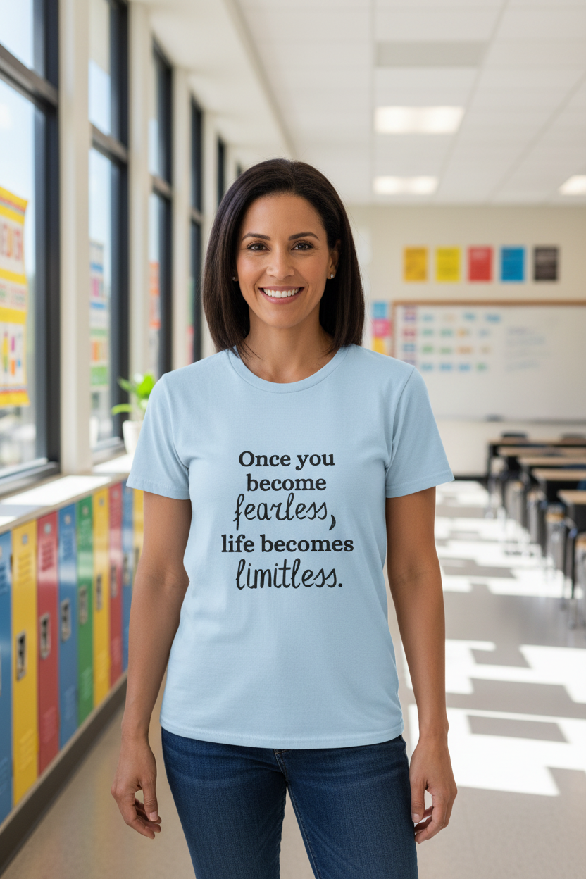 Once You Become Fearless Life Becomes Limitless T-Shirt in Light Blue — for the mom stepping into her next chapter — ThrivingMoms