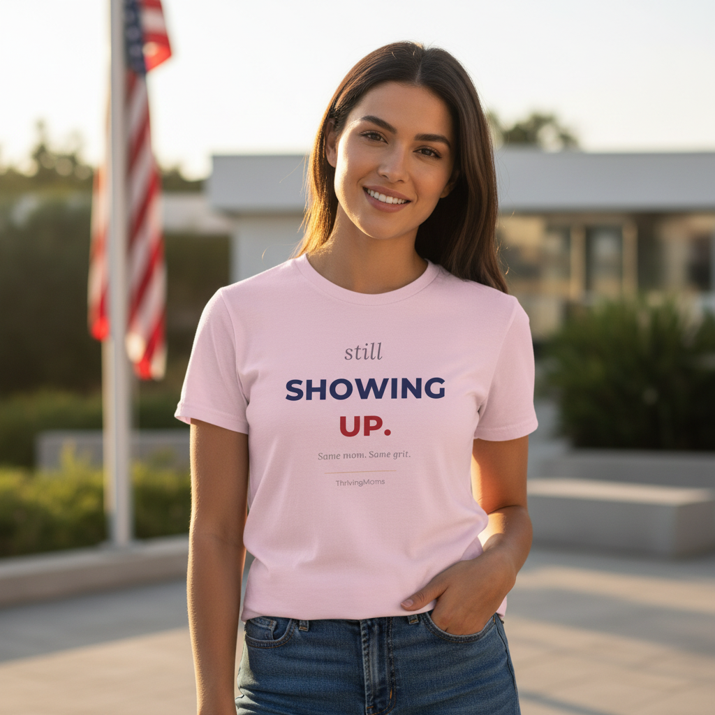Still Showing Up Red and Blue Edition T-Shirt in Light Pink — worn with zero apologies — ThrivingMoms