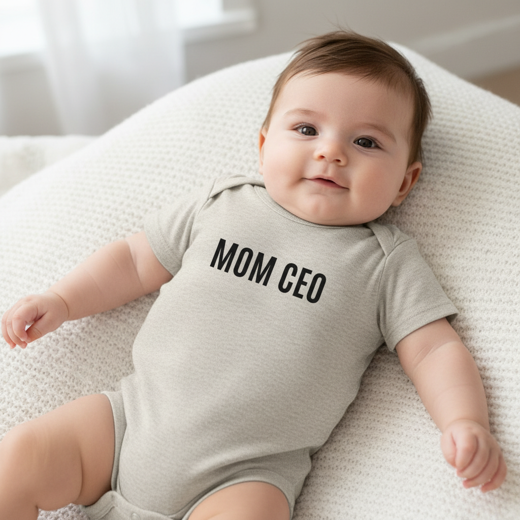 Mom CEO Onesie – Heather Oatmeal Lifestyle Mockup