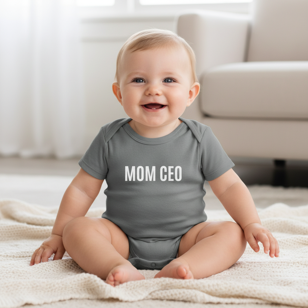 Mom CEO Onesie – Steel Gray Lifestyle Mockup