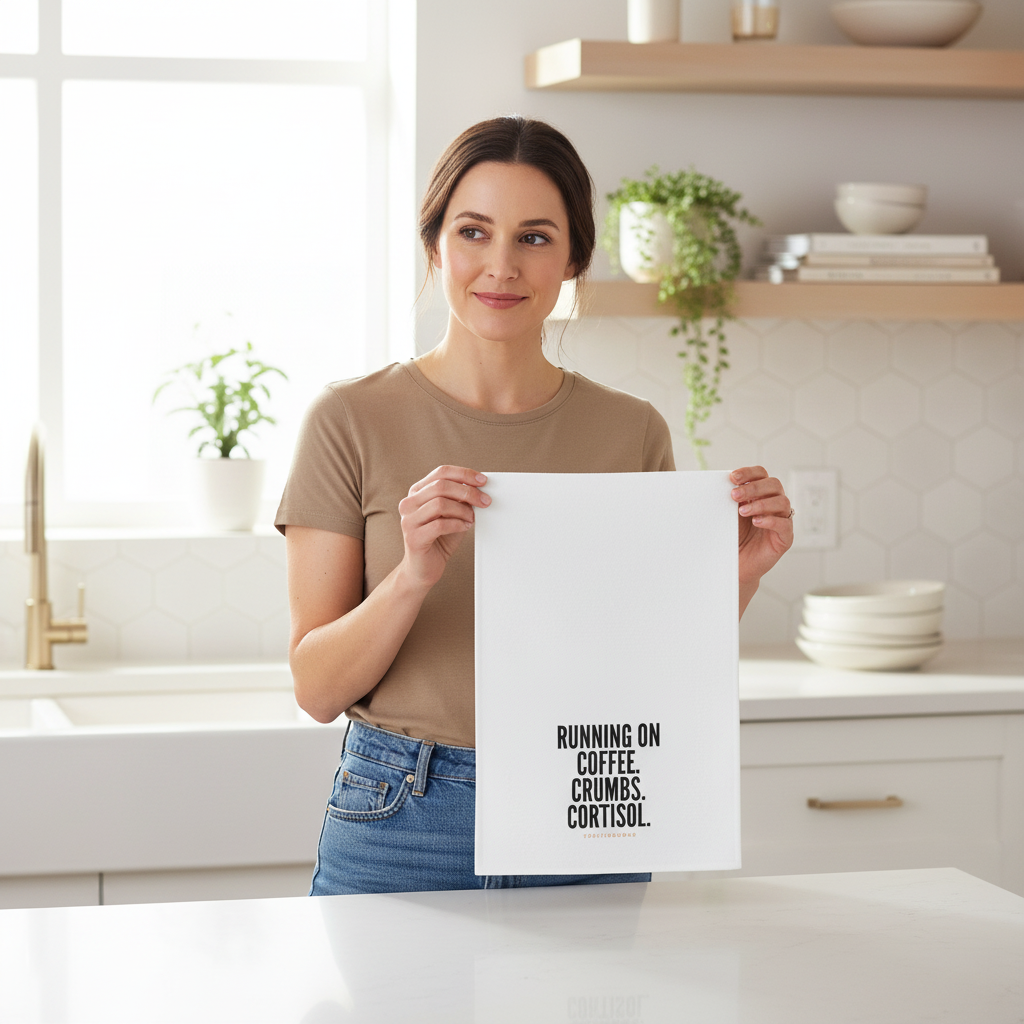 Mom holding towel in bright kitchen