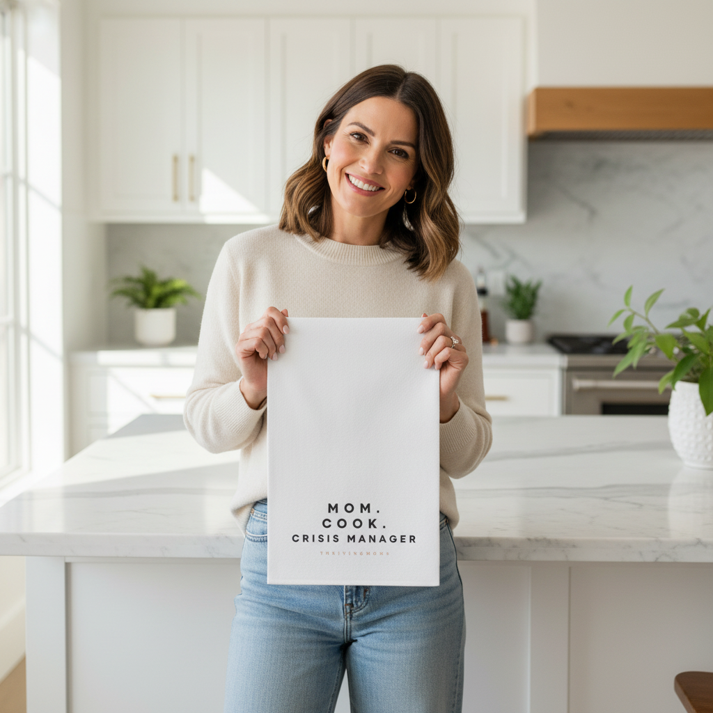 Mom holding towel in kitchen