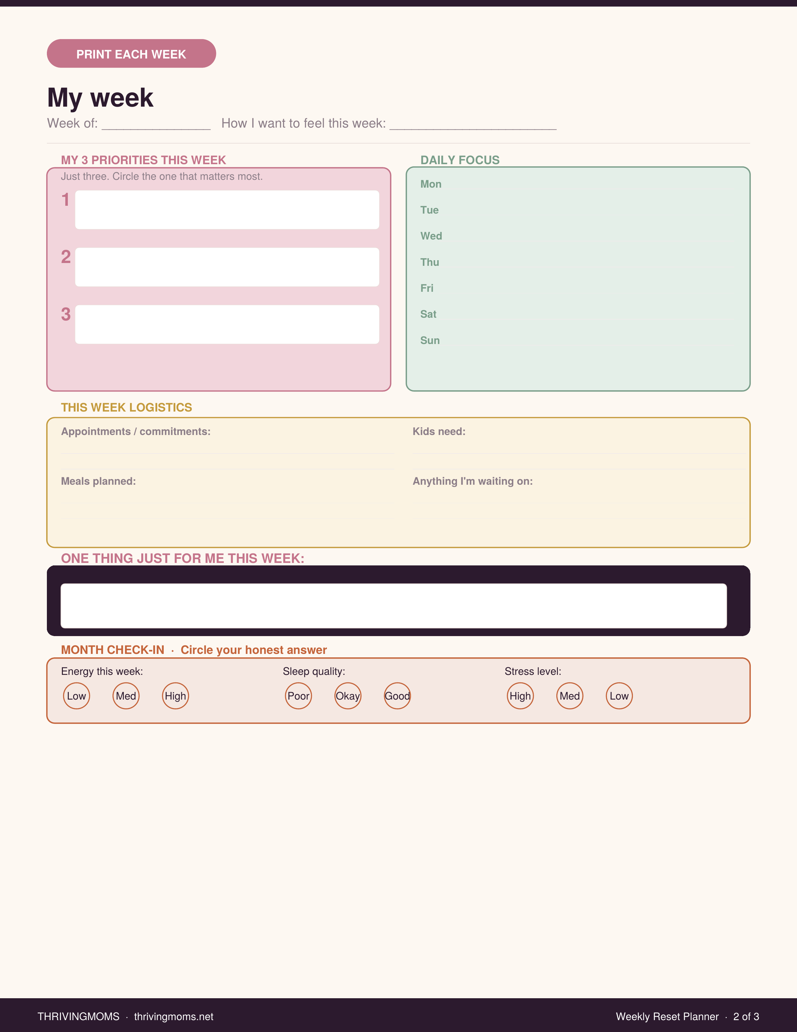Mom's Weekly Reset Planner — Digital Download