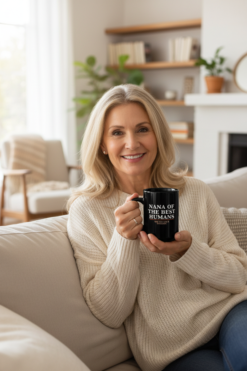 Nana of the Best Humans – Black Mug Living Room Lifestyle Mockup
