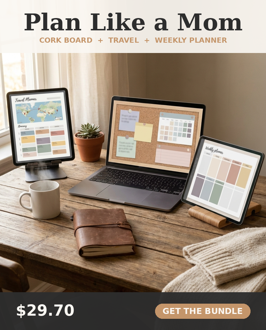 Plan Like a Mom Digital Planner Bundle — Cork Board, Travel, and Weekly Planner on a cozy desk
