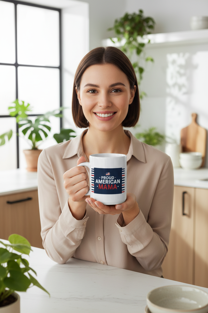 Proud American Mama Mug – 15oz Lifestyle