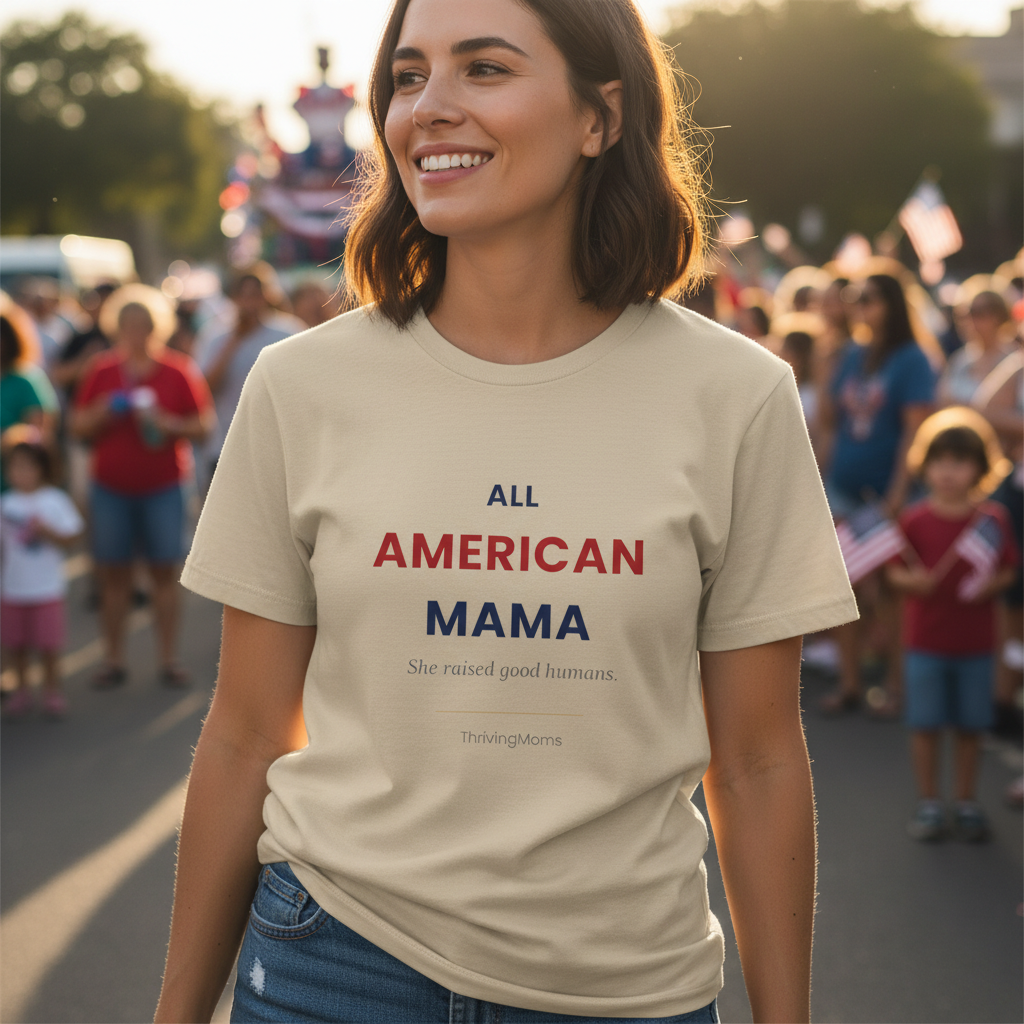 All American Mama T-Shirt in Sand — she loves this country the same way she loves her kids — ThrivingMoms