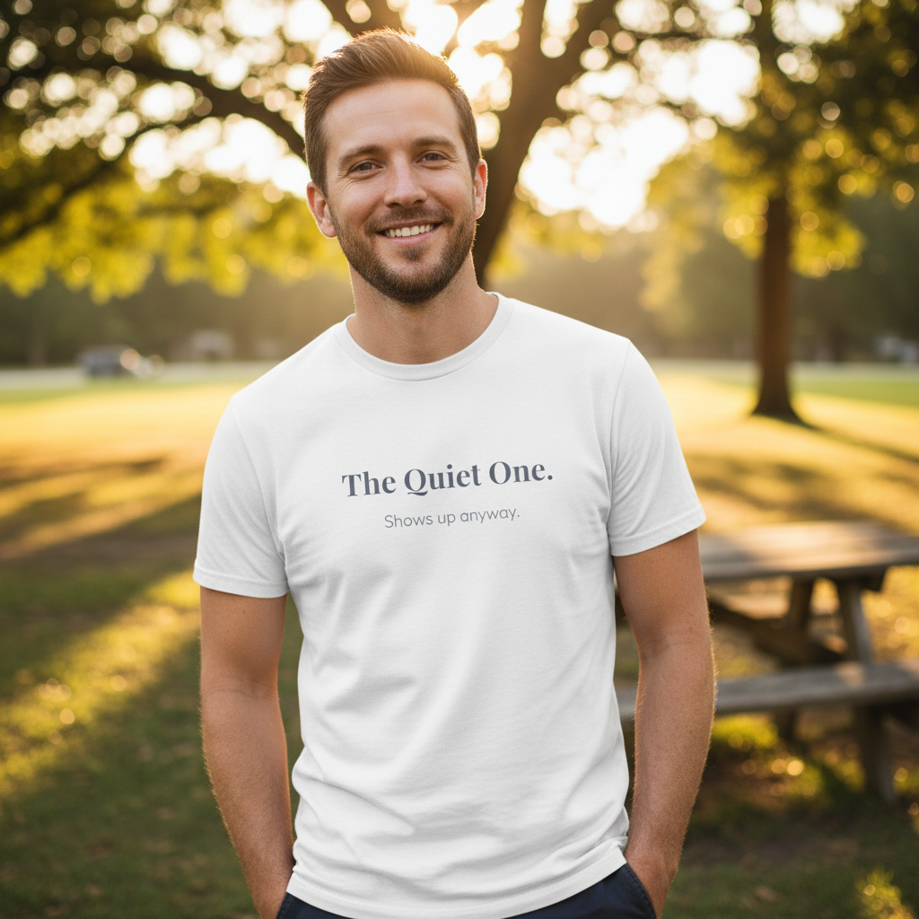 The Quiet One.  Shows Up Anyway.  — T-Shirt