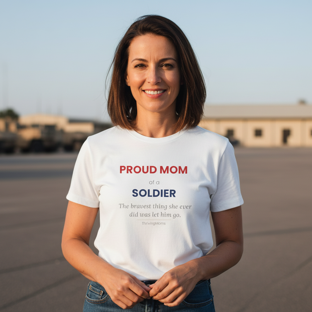 Proud Mom of a Soldier T-Shirt in White — quiet patriotic pride — ThrivingMoms